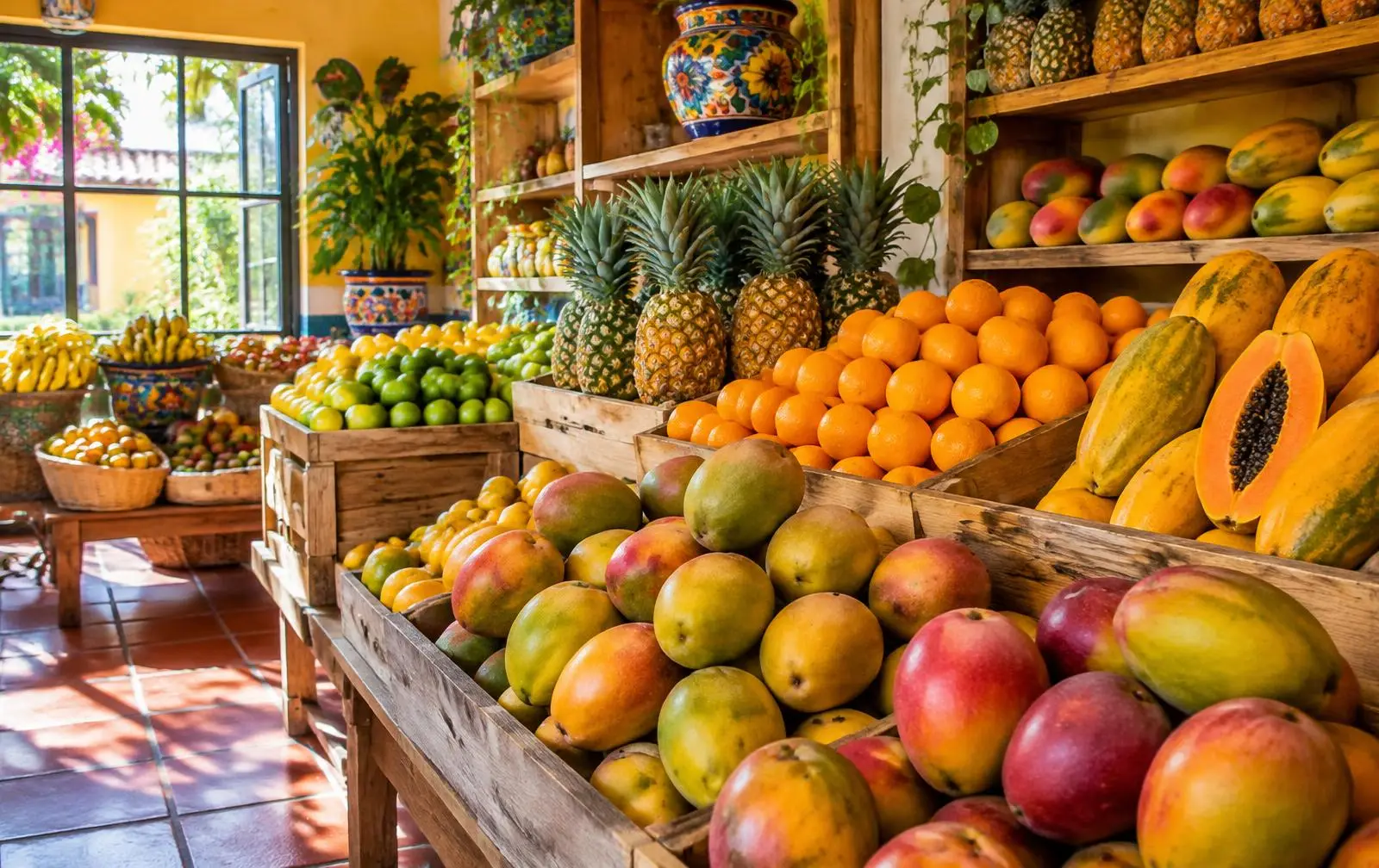Estantes de madera con mangos, naranjas, piñas y papayas (imagen ilustrativa)