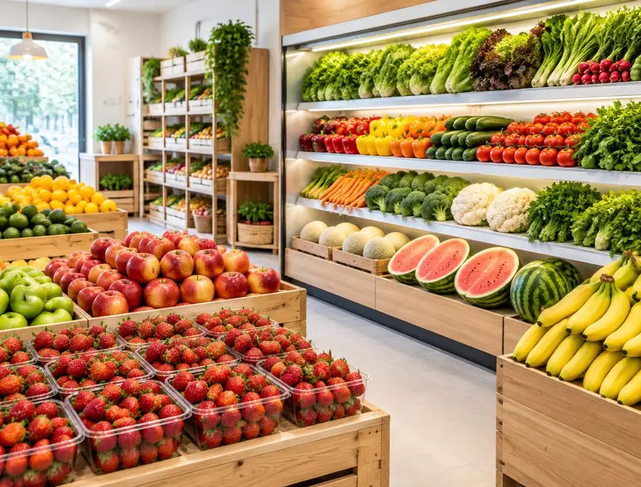 Interior iluminado con fresas, manzanas, sandía y verduras (imagen ilustrativa)